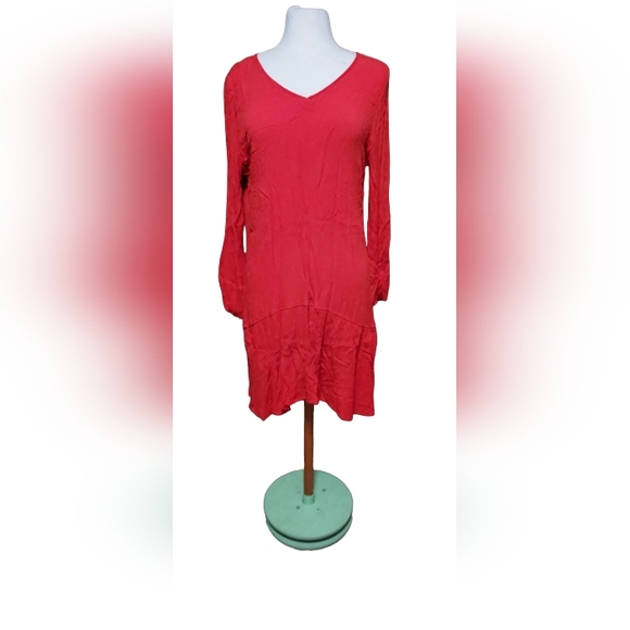 Soft Surroundings L Midi Dress Red Orange Bell Sleeves Slinky Embroidered Skirt - Picture 1 of 6